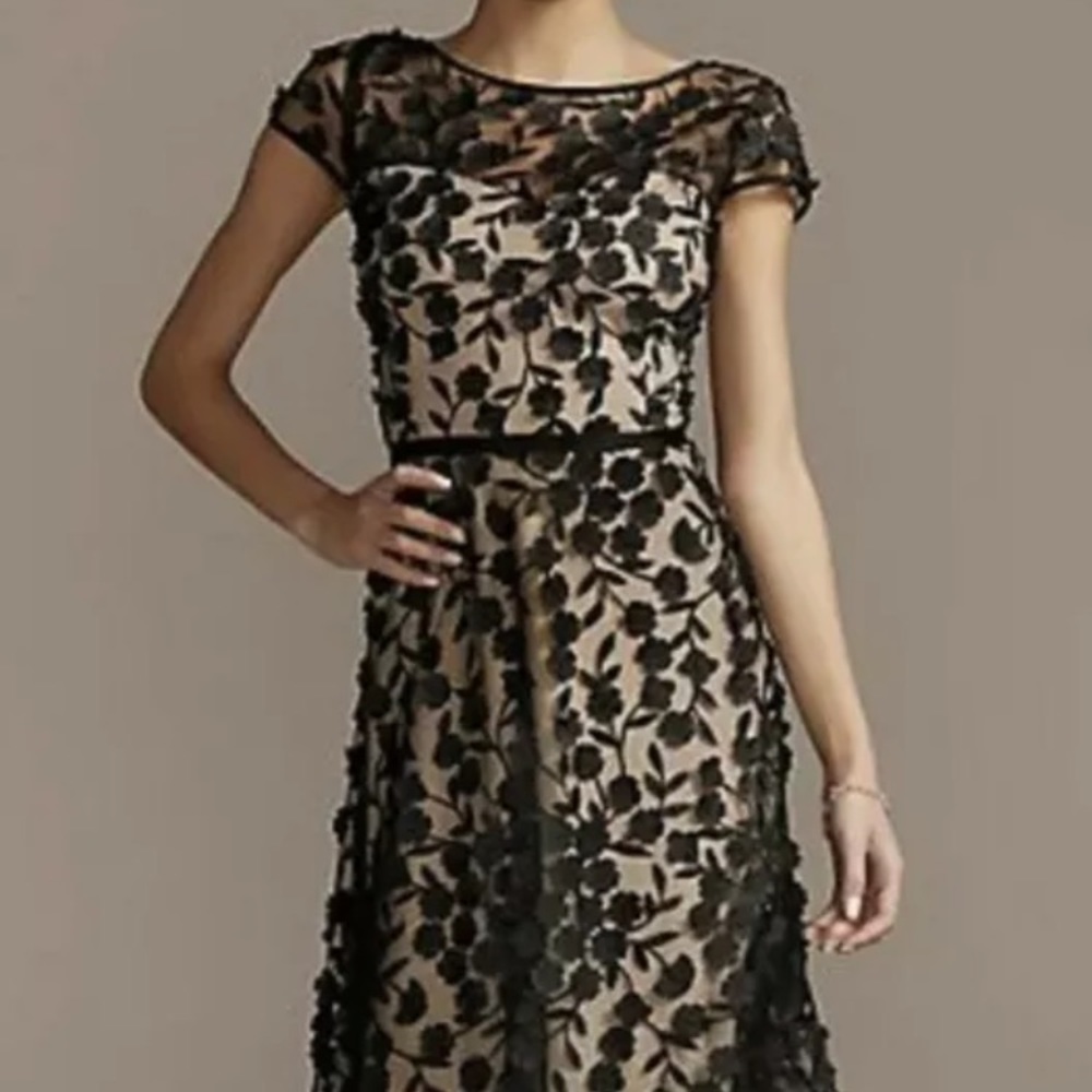 Gorgeous XSCAPE 3D Embroidered Floral Gown Maxi Dress In Black/Nude Size 10
